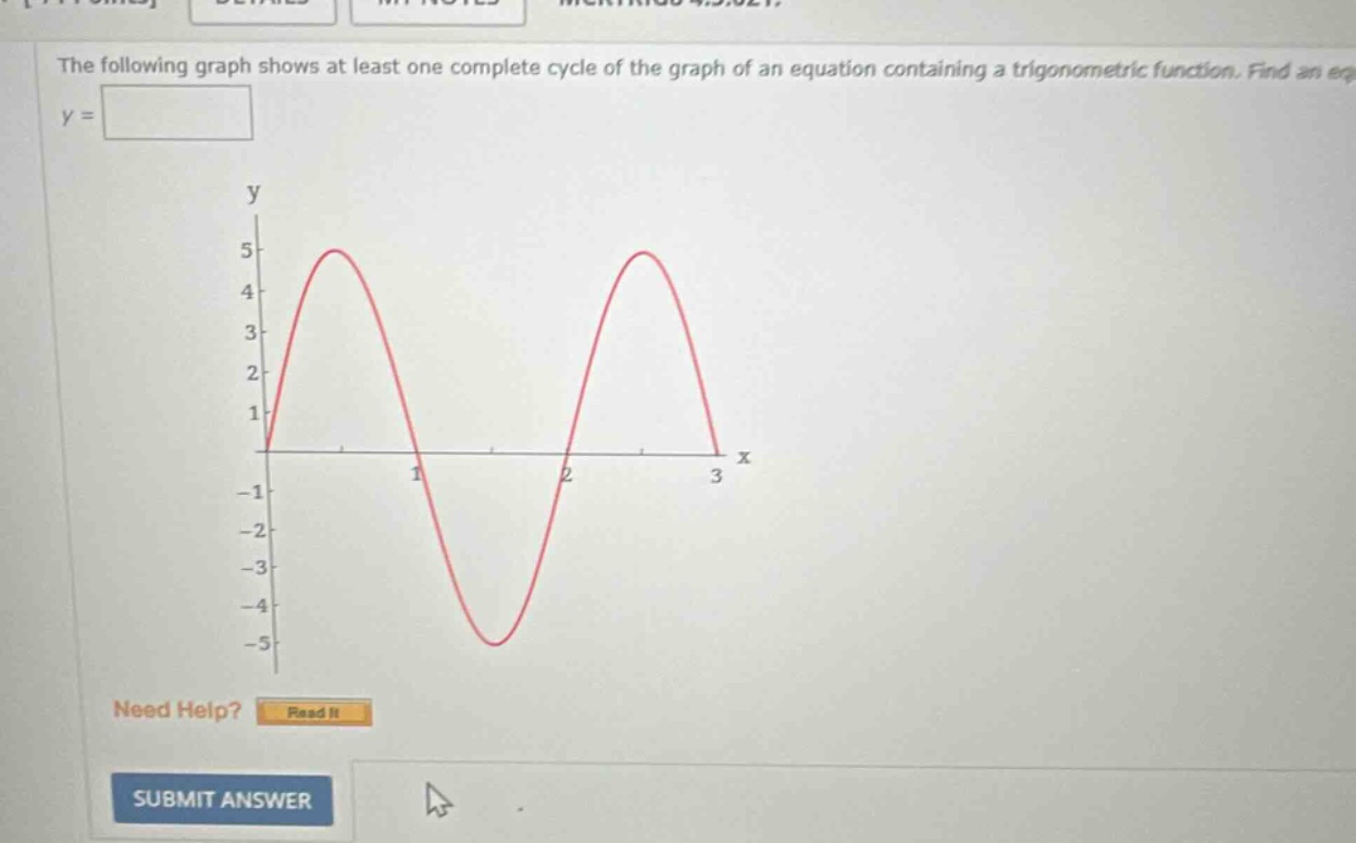 the following graph shows at least one complete cycle of the graph of an equation containing a trigonometric function. find an eq y =