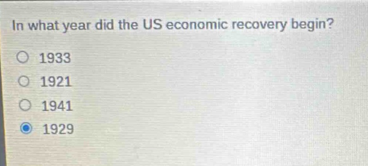 in what year did the us economic recovery begin?\n1933\n1921\n1941\n1929