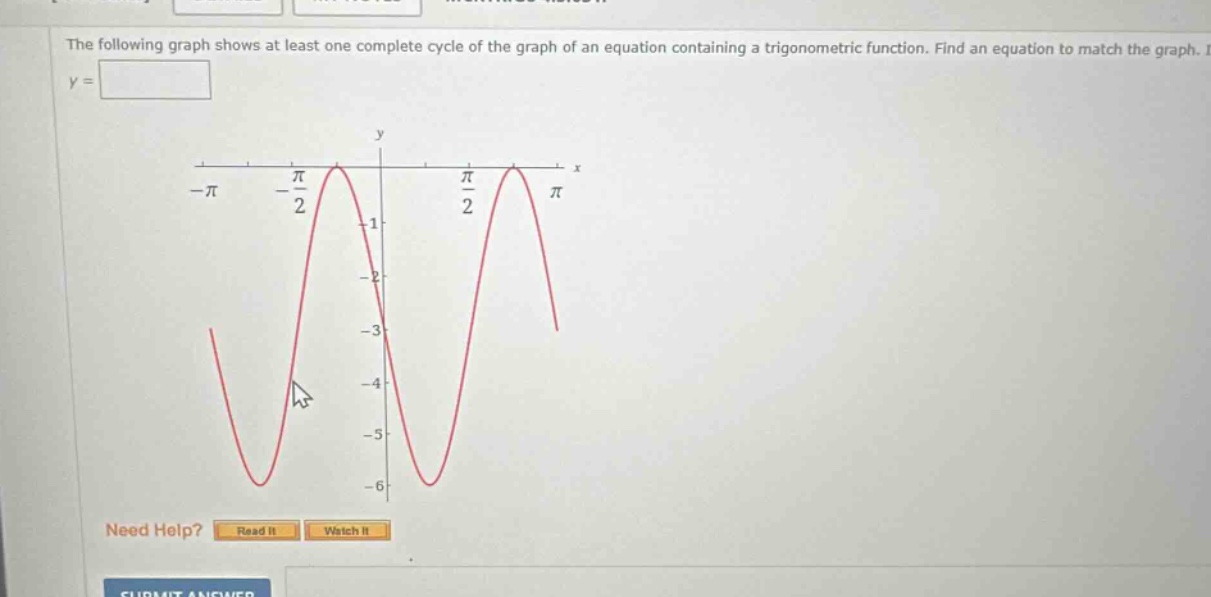 the following graph shows at least one complete cycle of the graph of an equation containing a trigonometric function. find an equation to match the graph. y = need help? read it watch it