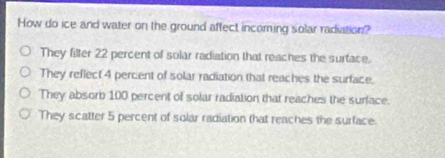 how do ice and water on the ground affect incoming solar radiation? they filter 22 percent of solar radiation that reaches the surface. they reflect 4 percent of solar radiation that reaches the surface. they absorb 100 percent of solar radiation that reaches the surface. they scatter 5 percent of solar radiation that reaches the surface.