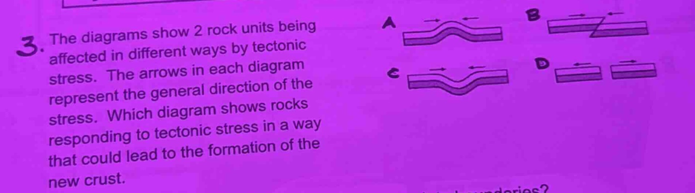 3. the diagrams show 2 rock units being affected in different ways by tectonic stress. the arrows in each diagram represent the general direction of the stress. which diagram shows rocks responding to tectonic stress in a way that could lead to the formation of the new crust.