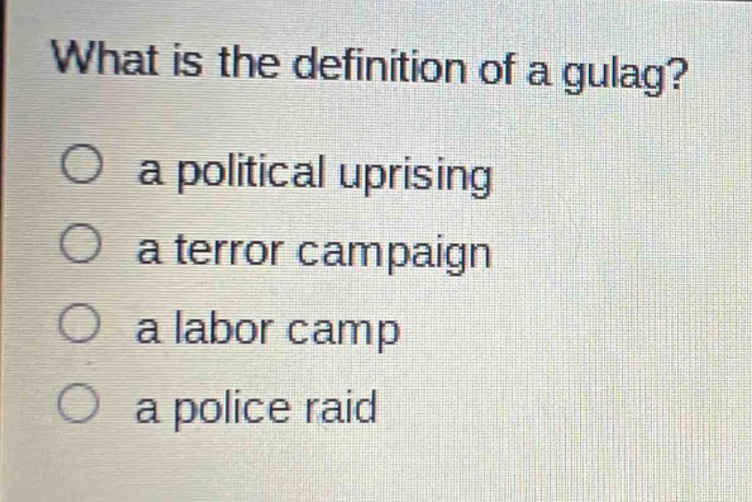 what is the definition of a gulag?\no a political uprising\no a terror campaign\no a labor camp\no a police raid