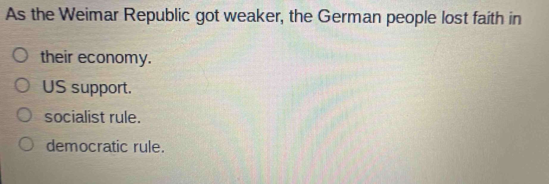 as the weimar republic got weaker, the german people lost faith in their economy. us support. socialist rule. democratic rule.