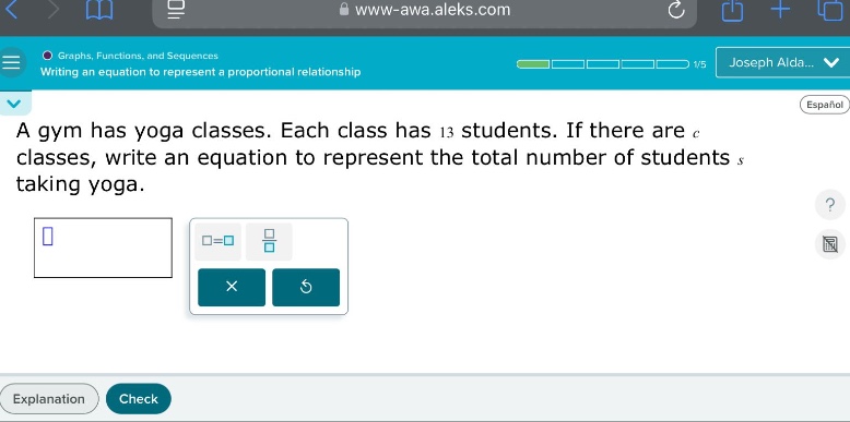 a gym has yoga classes. each class has 13 students. if there are c classes, write an equation to represent the total number of students s taking yoga.