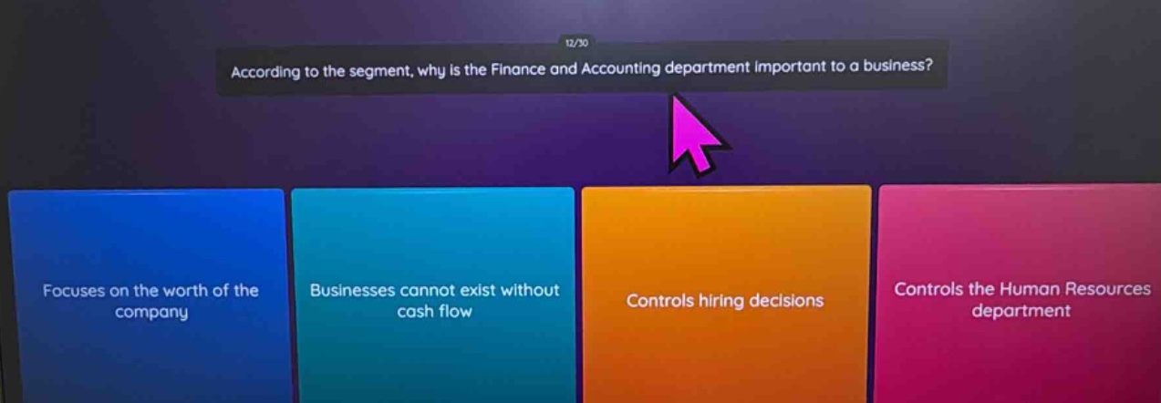 according to the segment, why is the finance and accounting department important to a business? focuses on the worth of the company businesses cannot exist without cash flow controls hiring decisions controls the human resources department