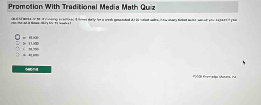 promotion with traditional media math quiz question 4 of 10: if running a radio ad 8 times daily for a week generated 2,100 ticket sales, how many ticket sales would you expect if you ran the ad 8 times daily for 15 weeks? a) 16,800 b) 31,500 c) 30,200 d) 42,800 submit ©2025 knowledge matters, inc.