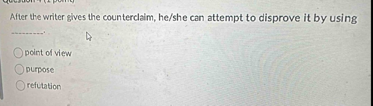 after the writer gives the counterclaim, he/she can attempt to disprove it by using -------. point of view purpose refutation