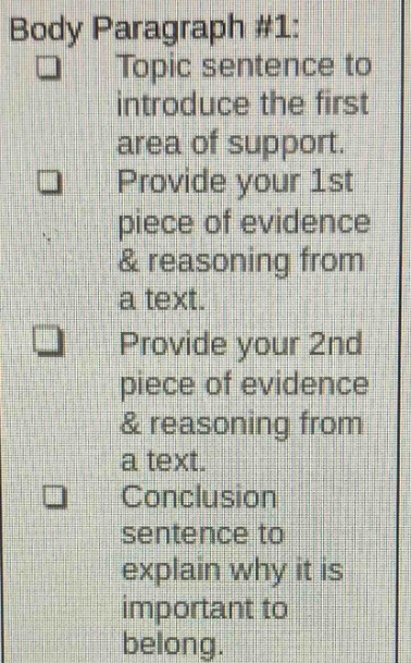 body paragraph #1: topic sentence to introduce the first area of support. provide your 1st piece of evidence & reasoning from a text. provide your 2nd piece of evidence & reasoning from a text. conclusion sentence to explain why it is important to belong.