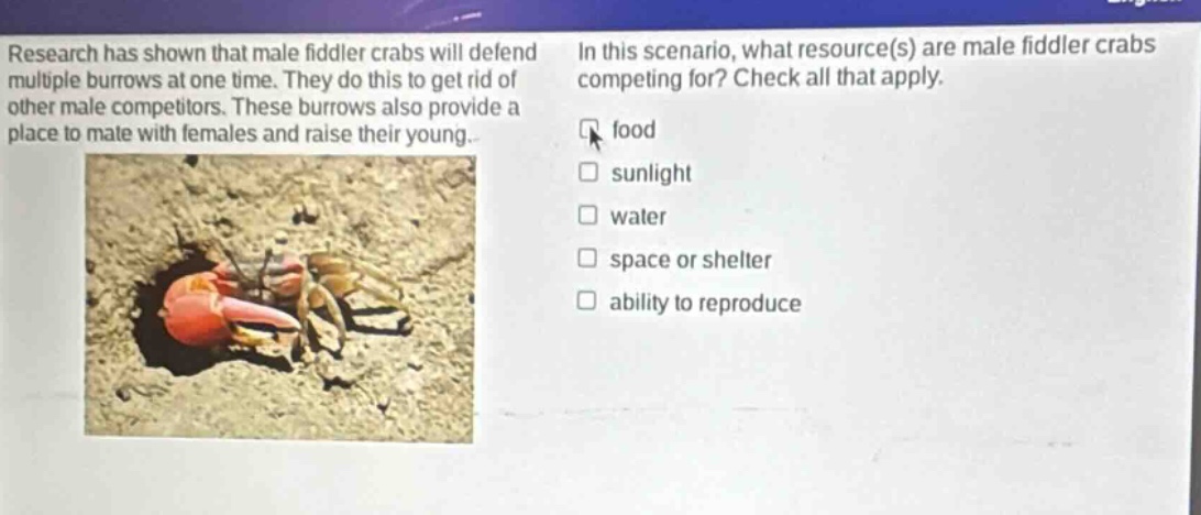 research has shown that male fiddler crabs will defend multiple burrows at one time. they do this to get rid of other male competitors. these burrows also provide a place to mate with females and raise their young. in this scenario, what resource(s) are male fiddler crabs competing for? check all that apply. food sunlight water space or shelter ability to reproduce