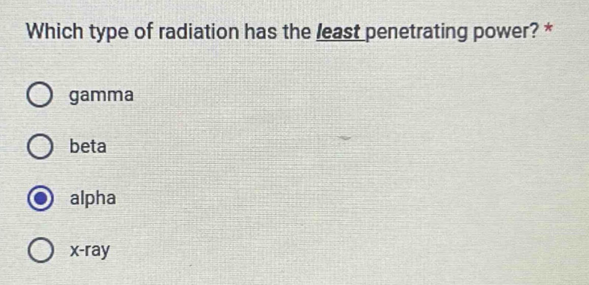 which type of radiation has the least penetrating power? * gamma beta alpha x - ray