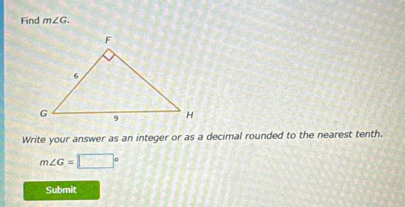 find m∠g. write your answer as an integer or as a decimal rounded to the nearest tenth. m∠g = °