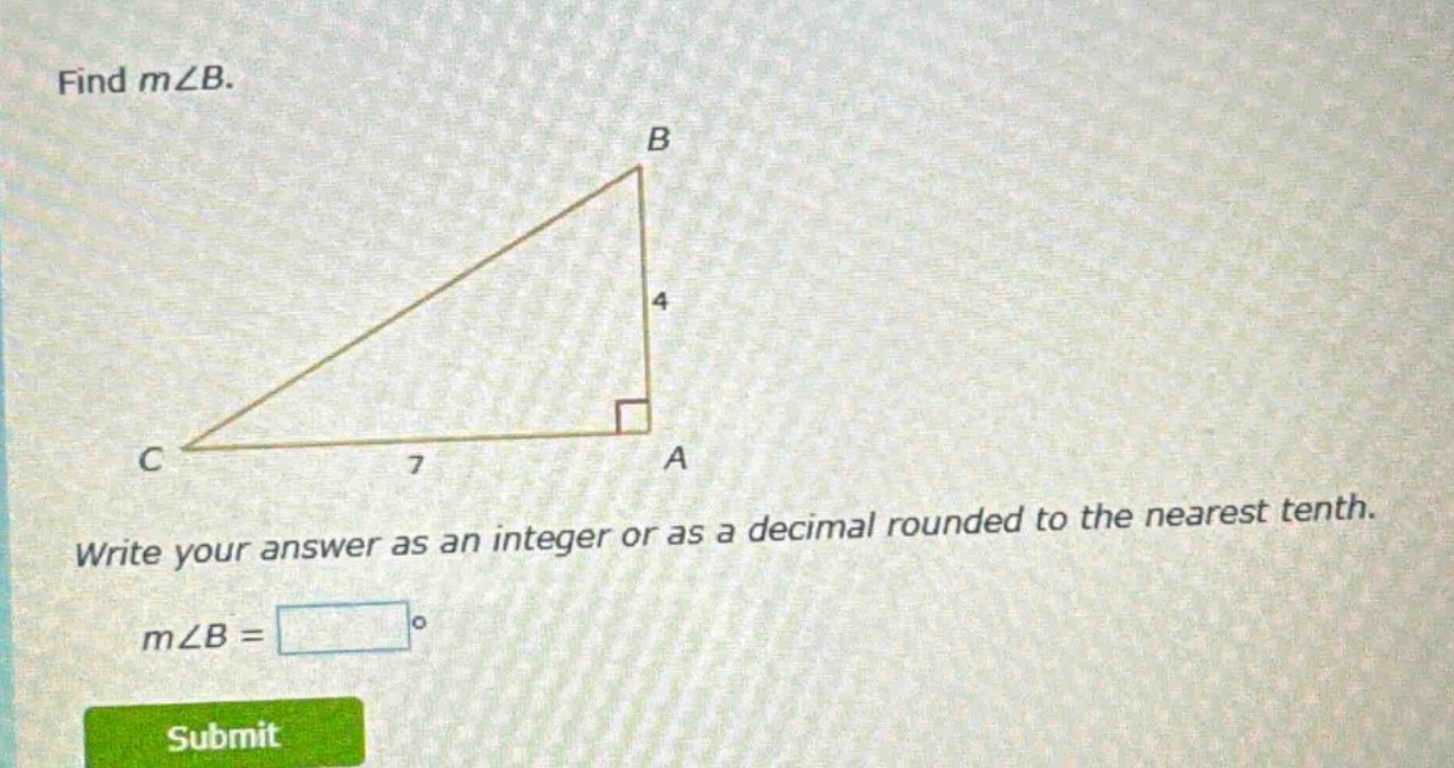 find m∠b. write your answer as an integer or as a decimal rounded to the nearest tenth. m∠b = °