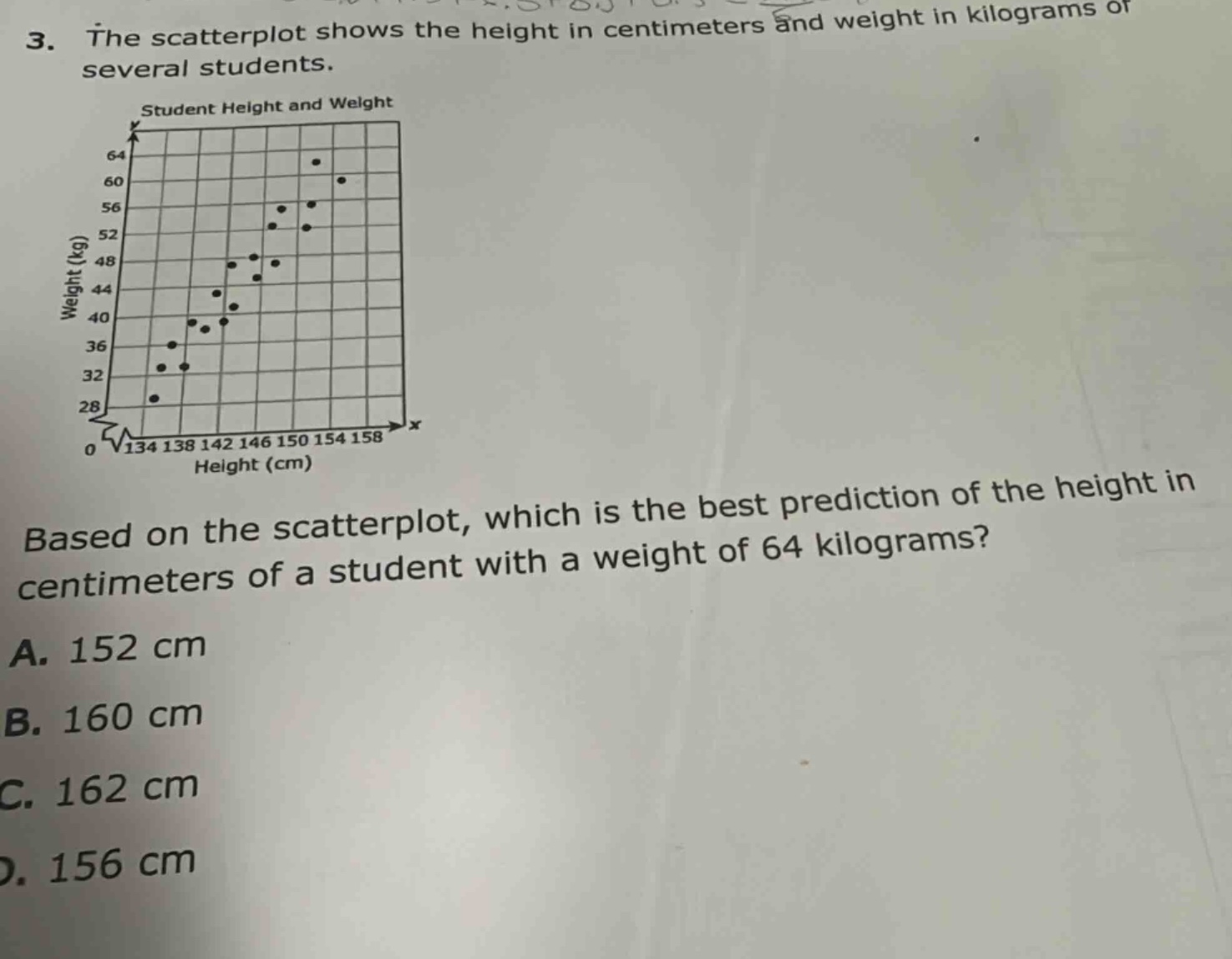 3. the scatterplot shows the height in centimeters and weight in kilograms of several students. based on the scatterplot, which is the best prediction of the height in centimeters of a student with a weight of 64 kilograms? a. 152 cm b. 160 cm c. 162 cm d. 156 cm