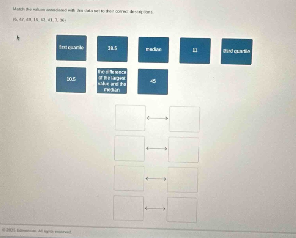 match the values associated with this data set to their correct descriptions. (6, 47, 49, 15, 43, 41, 7, 36) first quartile 38.5 median 11 third quartile 10.5 the difference of the largest value and the median 45