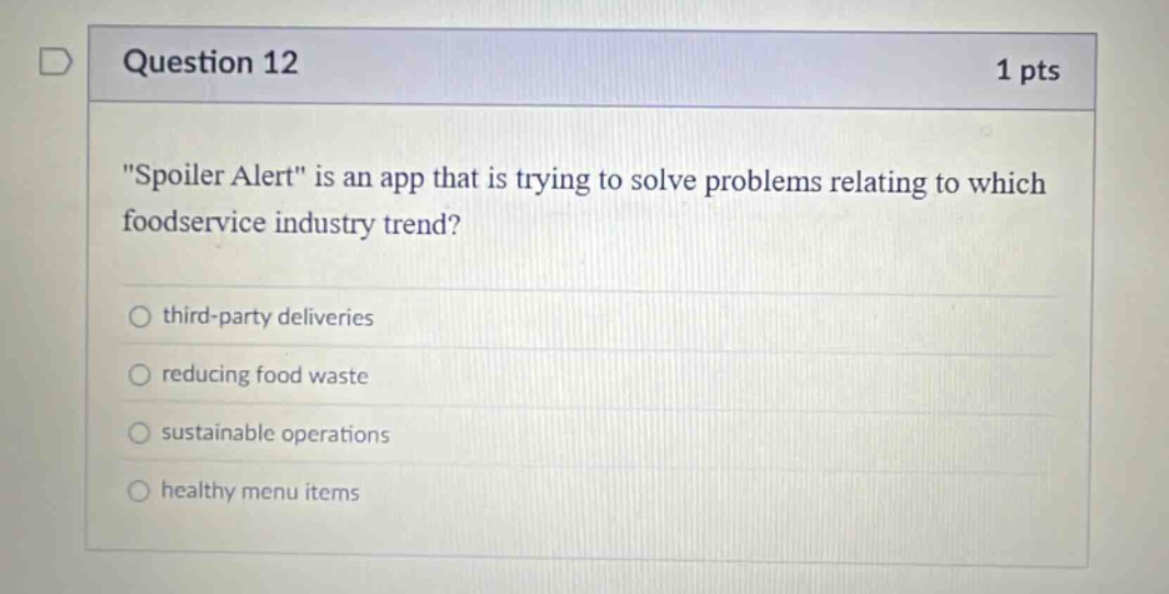 question 12 1 pts \spoiler alert\ is an app that is trying to solve problems relating to which foodservice industry trend? third - party deliveries reducing food waste sustainable operations healthy menu items