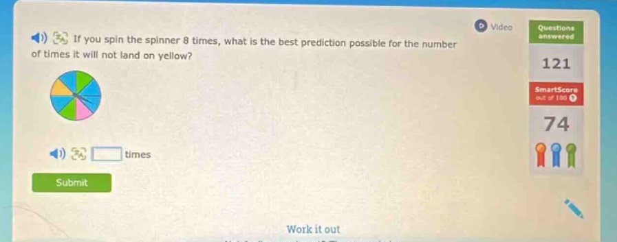 if you spin the spinner 8 times, what is the best prediction possible for the number of times it will not land on yellow? times