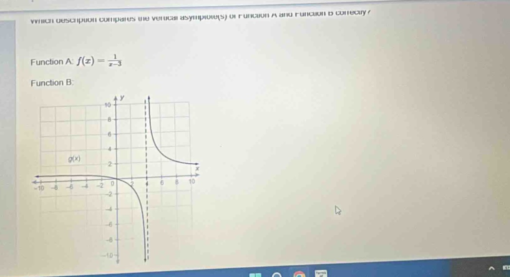 which description compares the vertical asymptote(s) of function a and function b correctly? function a: f(x) = 1/(x - 3) function b: