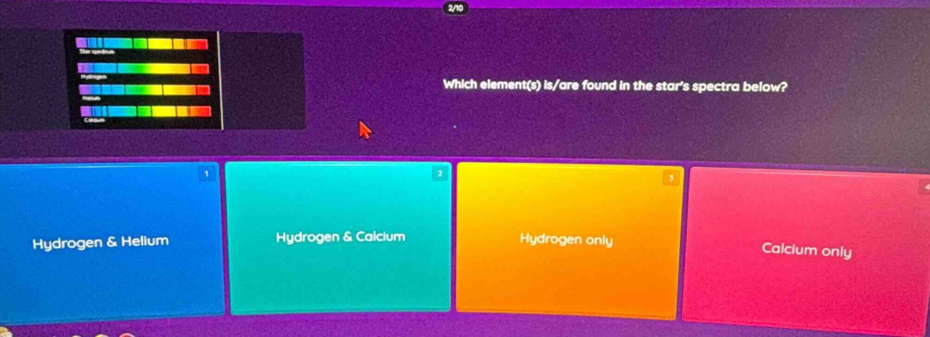 which element(s) is/are found in the stars spectra below? hydrogen & helium hydrogen & calcium hydrogen only calcium only
