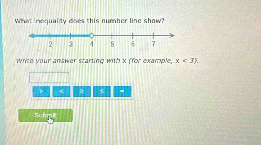 what inequality does this number line show? write your answer starting with x (for example, x < 3).