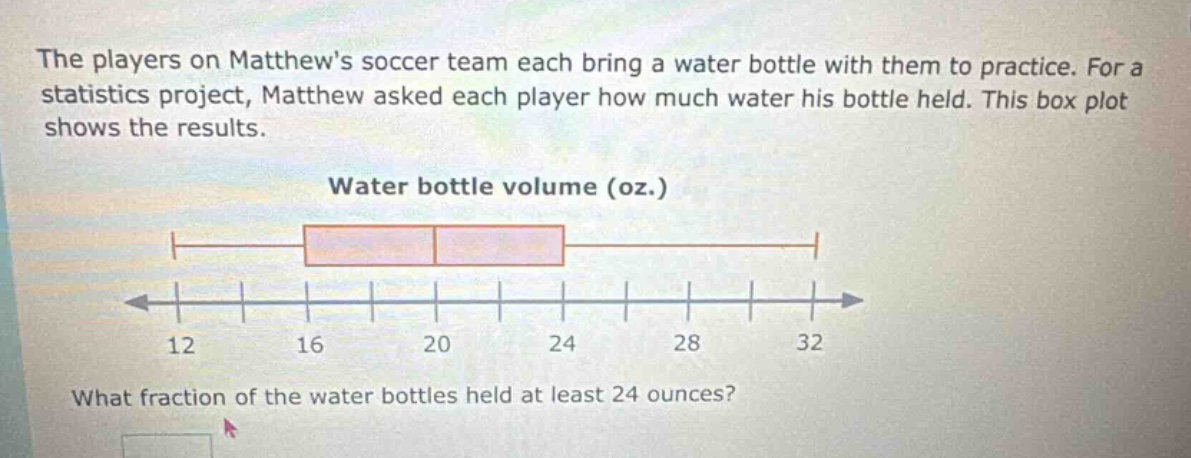 the players on matthews soccer team each bring a water bottle with them to practice. for a statistics project, matthew asked each player how much water his bottle held. this box plot shows the results. water bottle volume (oz.) what fraction of the water bottles held at least 24 ounces?