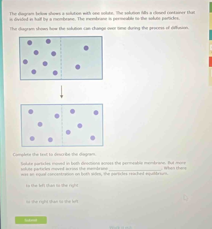 the diagram below shows a solution with one solute. the solution fills a closed container that is divided in half by a membrane. the membrane is permeable to the solute particles. the diagram shows how the solution can change over time during the process of diffusion. complete the text to describe the diagram. solute particles moved in both directions across the permeable membrane. but more solute particles moved across the membrane _______________. when there was an equal concentration on both sides, the particles reached equilibrium. to the left than to the right to the right than to the left
