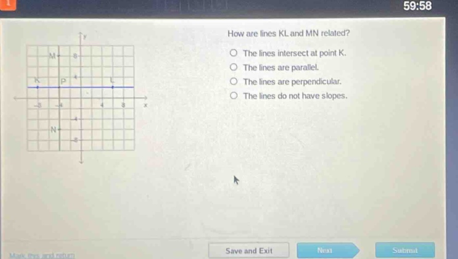 how are lines kl and mn related? the lines intersect at point k. the lines are parallel. the lines are perpendicular. the lines do not have slopes.