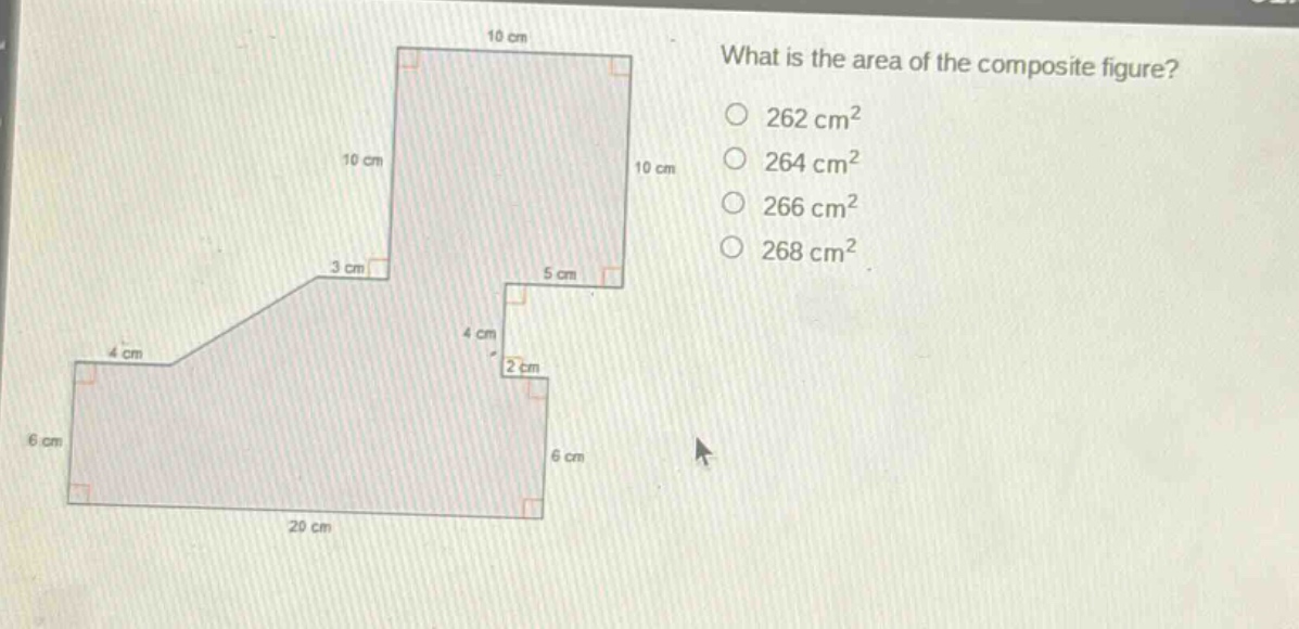 what is the area of the composite figure? 262 cm² 264 cm² 266 cm² 268 cm²