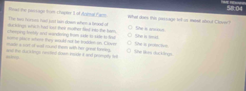 read the passage from chapter 1 of animal farm. the two horses had just lain down when a brood of ducklings which had lost their mother filed into the barn, cheeping feebly and wandering from side to side to find some place where they would not be trodden on. clover made a sort of wall round them with her great foreleg, and the ducklings nestled down inside it and promptly fell asleep. what does this passage tell us most about clover? she is anxious. she is timid. she is protective. she likes ducklings.