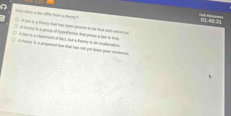 how does a law differ from a theory? a law is a theory that has been proven to be true and universal. a theory is a group of hypotheses that prove a law is true. a law is a statement of fact, but a theory is an explanation. a theory is a proposed law that has not yet been peer reviewed.