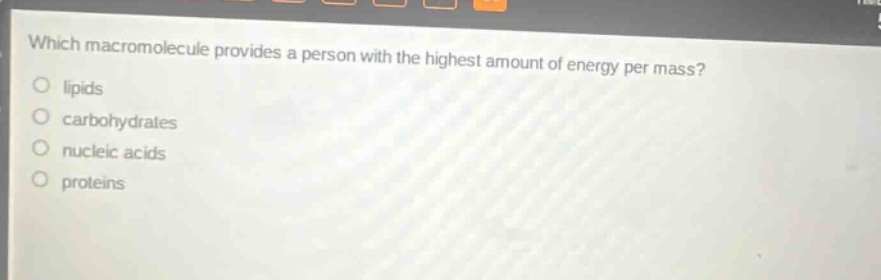 which macromolecule provides a person with the highest amount of energy per mass?\nlipids\ncarbohydrates\nnucleic acids\nproteins
