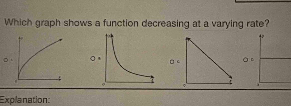 which graph shows a function decreasing at a varying rate? explanation: