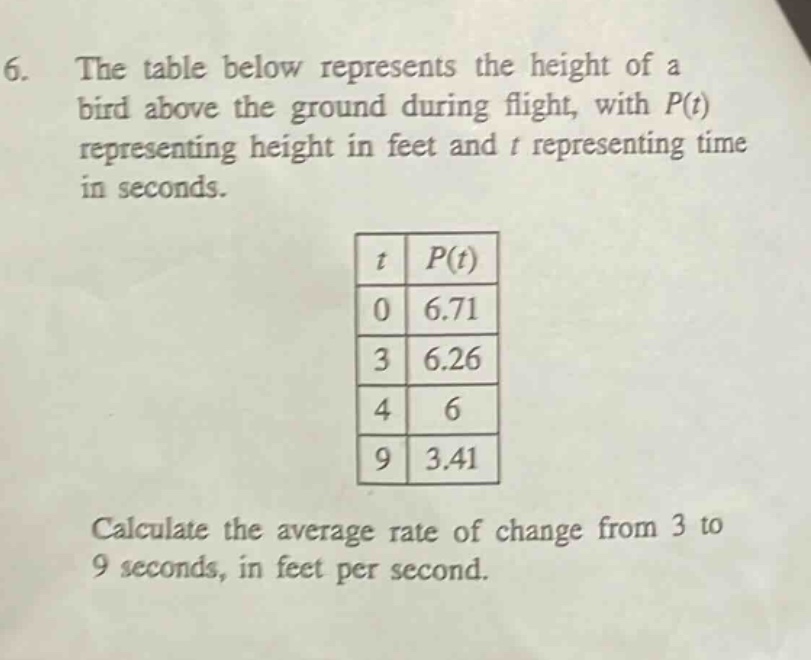 6. the table below represents the height of a bird above the ground during flight, with p(t) representing height in feet and t representing time in seconds. t p(t) 0 6.71 3 6.26 4 6 9 3.41 calculate the average rate of change from 3 to 9 seconds, in feet per second.
