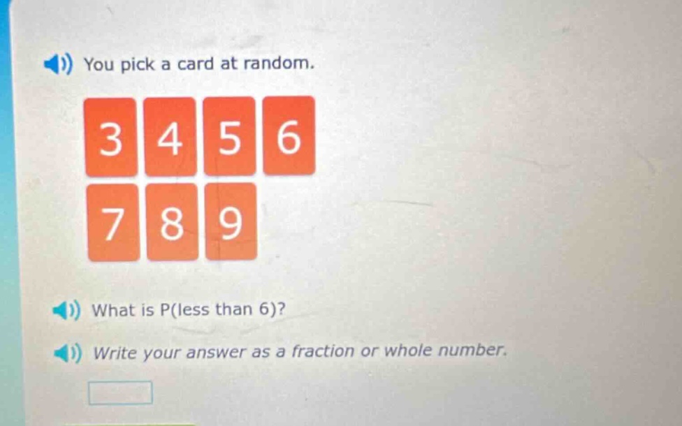 you pick a card at random. what is p(less than 6)? write your answer as a fraction or whole number.