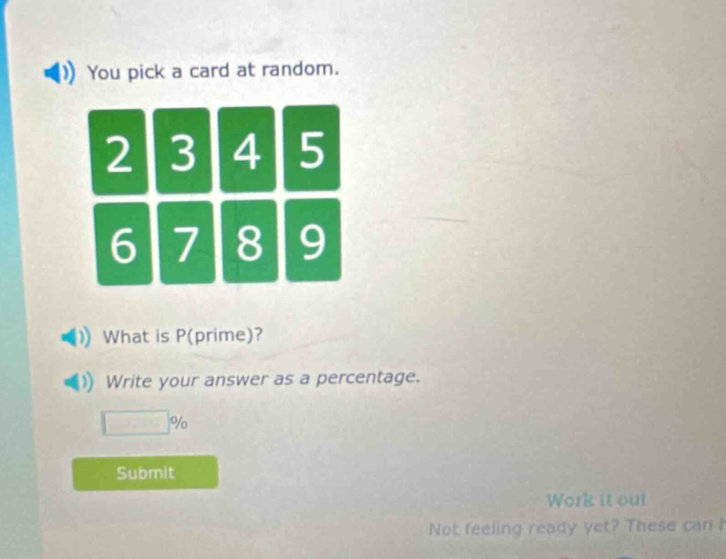 you pick a card at random. what is p(prime)? write your answer as a percentage.