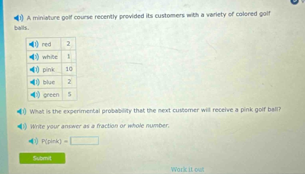 a miniature golf course recently provided its customers with a variety of colored golf balls. red 2 white 1 pink 10 blue 2 green 5 what is the experimental probability that the next customer will receive a pink golf ball? write your answer as a fraction or whole number. p(pink) =