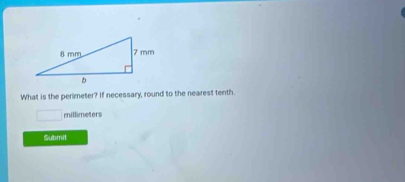 what is the perimeter? if necessary, round to the nearest tenth. millimeters