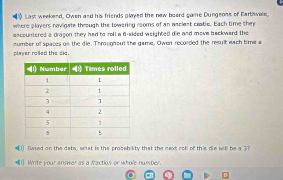 last weekend, owen and his friends played the new board game dungeons of earthvale, where players navigate through the towering rooms of an ancient castle. each time they encountered a dragon they had to roll a 6 - sided weighted die and move backward the number of spaces on the die. throughout the game, owen recorded the result each time a player rolled the die. number times rolled 1 1 2 1 3 3 4 2 5 1 6 5 based on the data, what is the probability that the next roll of this die will be a 3? write your answer as a fraction or whole number.
