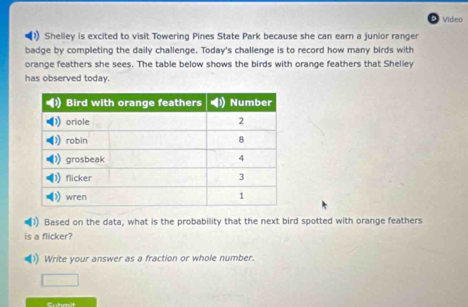 shelley is excited to visit towering pines state park because she can earn a junior ranger badge by completing the daily challenge. todays challenge is to record how many birds with orange feathers she sees. the table below shows the birds with orange feathers that shelley has observed today. bird with orange feathers number oriole 2 robin 8 grosbeak 4 flicker 3 wren 1 based on the data, what is the probability that the next bird spotted with orange feathers is a flicker? write your answer as a fraction or whole number.