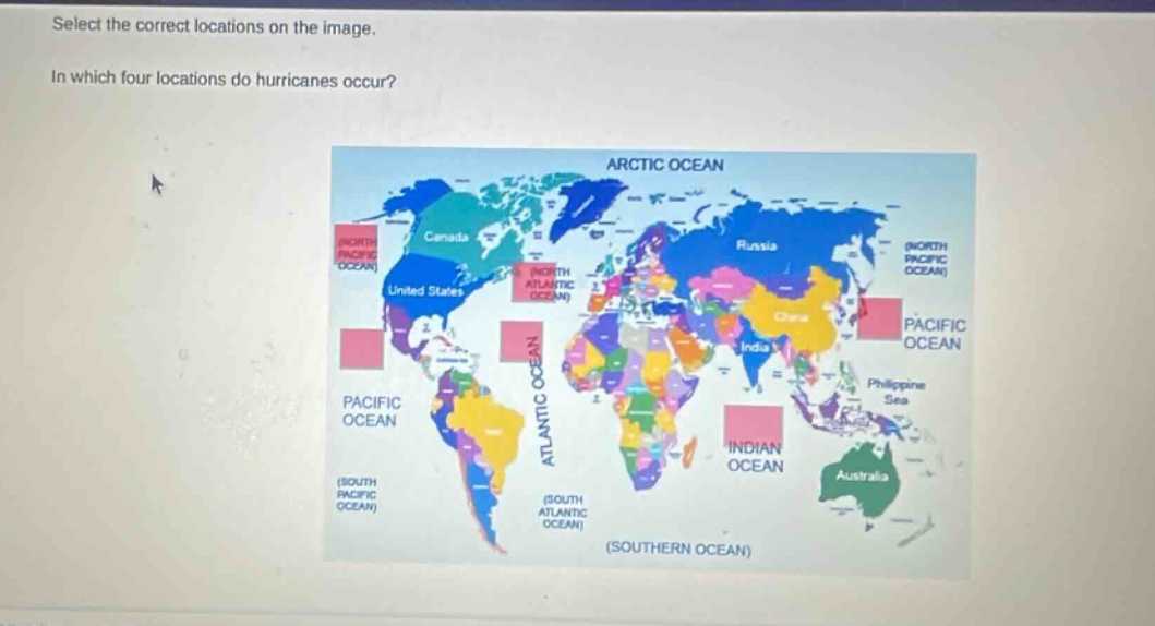 select the correct locations on the image. in which four locations do hurricanes occur?