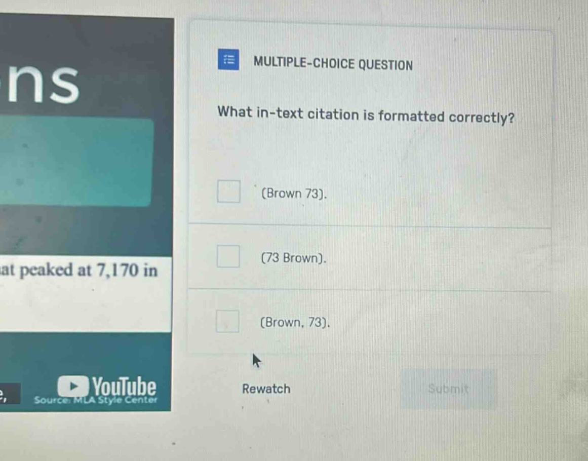 multiple - choice question what in - text citation is formatted correctly? (brown 73). (73 brown). (brown, 73). rewatch submit
