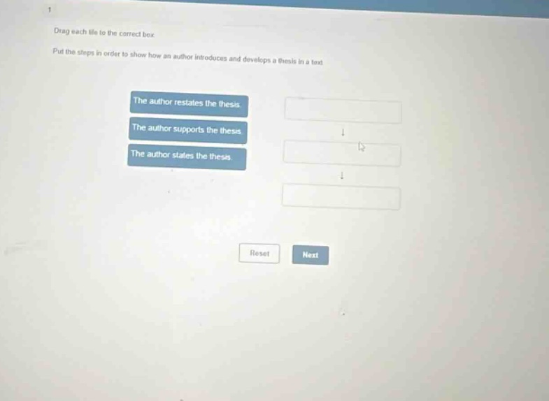 drag each tile to the correct box. put the steps in order to show how an author introduces and develops a thesis in a text. the author restates the thesis the author supports the thesis the author states the thesis reset next