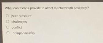 what can friends provide to affect mental health positively?\npeer pressure\nchallenges\nconflict\ncompanionship