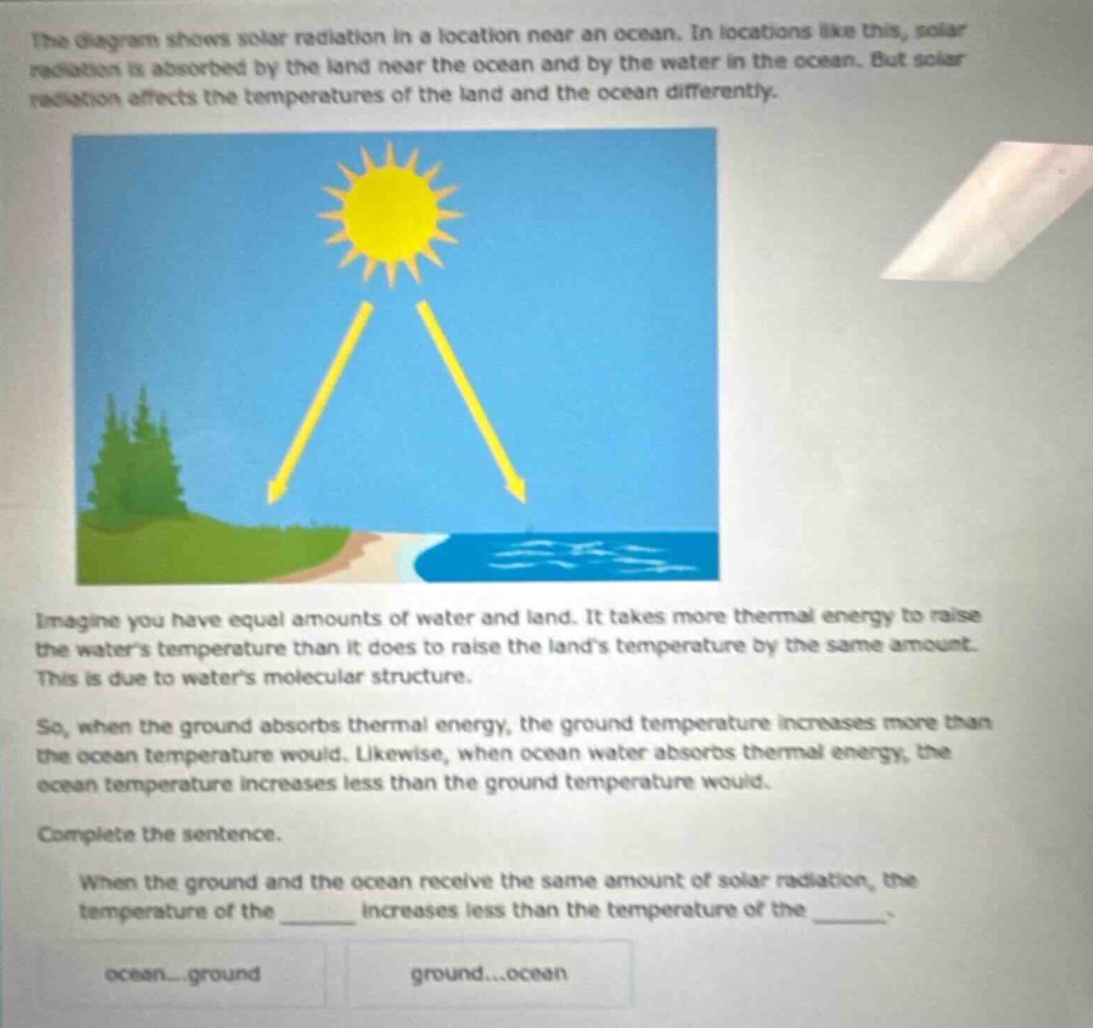 the diagram shows solar radiation in a location near an ocean. in locations like this, solar radiation is absorbed by the land near the ocean and by the water in the ocean. but solar radiation affects the temperatures of the land and the ocean differently. imagine you have equal amounts of water and land. it takes more thermal energy to raise the waters temperature than it does to raise the lands temperature by the same amount. this is due to waters molecular structure. so, when the ground absorbs thermal energy, the ground temperature increases more than the ocean temperature would. likewise, when ocean water absorbs thermal energy, the ocean temperature increases less than the ground temperature would. complete the sentence. when the ground and the ocean receive the same amount of solar radiation, the temperature of the ____ increases less than the temperature of the ____. ocean...ground ground...ocean