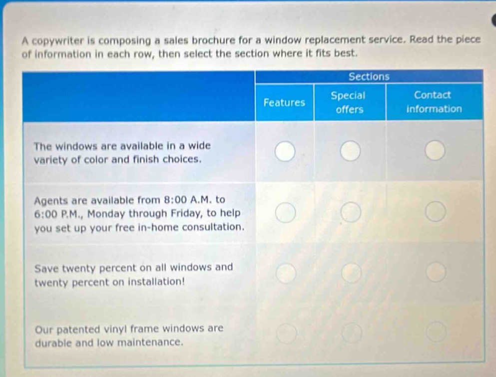 a copywriter is composing a sales brochure for a window replacement service. read the piece of information in each row, then select the section where it fits best. sections features special offers contact information the windows are available in a wide variety of color and finish choices. agents are available from 8:00 a.m. to 6:00 p.m., monday through friday, to help you set up your free in - home consultation. save twenty percent on all windows and twenty percent on installation! our patented vinyl frame windows are durable and low maintenance.