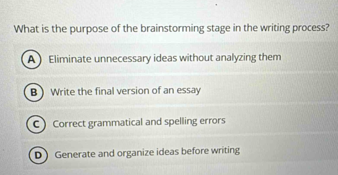 what is the purpose of the brainstorming stage in the writing process? a eliminate unnecessary ideas without analyzing them b write the final version of an essay c correct grammatical and spelling errors d generate and organize ideas before writing