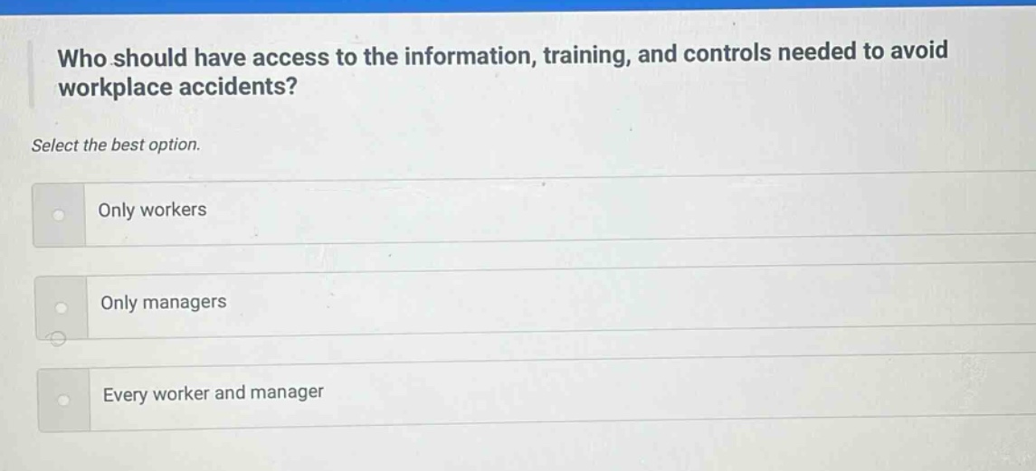 who should have access to the information, training, and controls needed to avoid workplace accidents? select the best option. only workers only managers every worker and manager