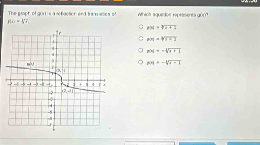 the graph of g(x) is a reflection and translation of f(x) = ∛x. which equation represents g(x)? o g(x) = ∛(x + 1) o g(x) = ∛(x - 1) o g(x) = -∛(x + 1) o g(x) = -∛(x - 1)