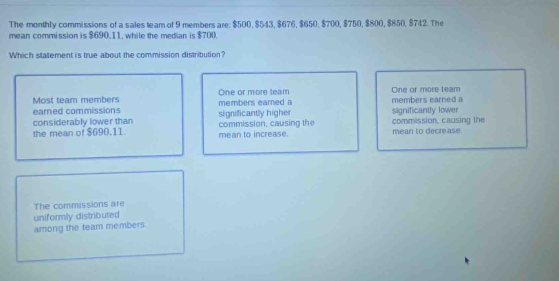 the monthly commissions of a sales team of 9 members are: $500, $543, $676, $650, $700, $750, $800, $850, $742. the mean commission is $690.11, while the median is $700. which statement is true about the commission distribution? most team members earned commissions considerably lower than the mean of $690.11. one or more team members earned a significantly higher commission, causing the mean to increase. one or more team members earned a significantly lower commission, causing the mean to decrease. the commissions are uniformly distributed among the team members.