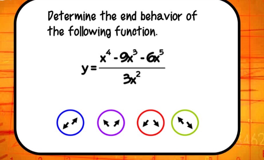 determine the end behavior of the following function. y=(x^4 - 9x^3 - 6x^5)/(3x^2)