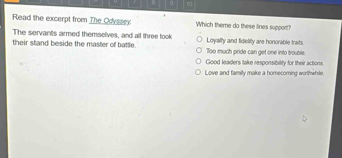 read the excerpt from the odyssey. the servants armed themselves, and all three took their stand beside the master of battle. which theme do these lines support? loyalty and fidelity are honorable traits. too much pride can get one into trouble. good leaders take responsibility for their actions. love and family make a homecoming worthwhile.